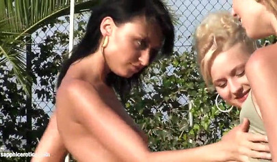 Nice lesbian threesome with horny dolls outdoors