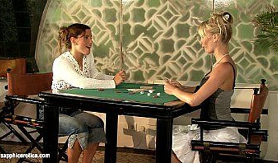 Attractive girls play poker and then with some toys