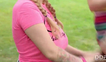 Busty stepsisters experience outdoor lesbian sex together