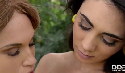Exotic lesbians Luna Amor & LiLy Madison worship each other's natural tits outdoors