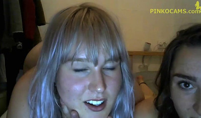 Lesbian stepsisters French kiss and scissor on the camera
