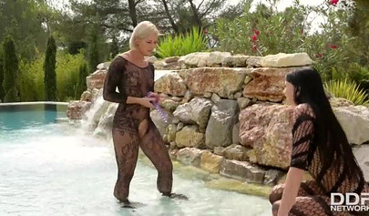 Sexy mermaids in hot bodystockings Tracy Lindsay & Lucy Li engage in hot lesbian anal foot play