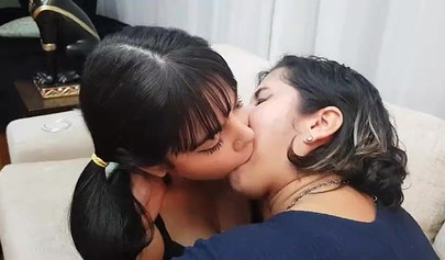 Aunt and niece enjoy French kisses and get excited