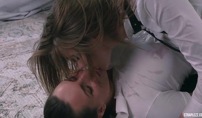 Sexy mistress puts a dildo on the slave's face and rides it