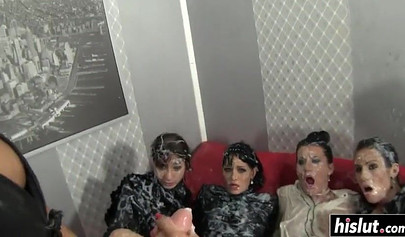 Hot lesbian strap-on orgy with beauties in latex and fake cum
