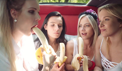 Four lesbian beauties eat bananas and have fun together