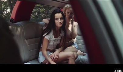 Sweet lesbian hotties kissing and rubbing clit in the woods