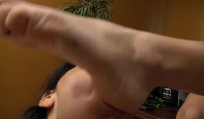 Beautiful business lady makes a nice worker sniff her feet