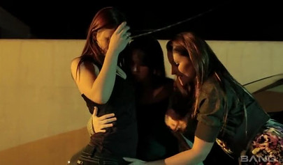 Amateur lesbian threesome with wild girls by the car
