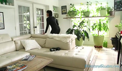 Domineering mistress slaps the robber in the living room