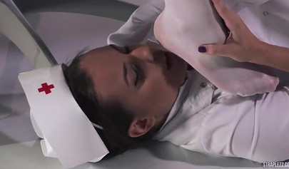 Slutty nurses sniff feet in pantyhose and enjoy a strap-on