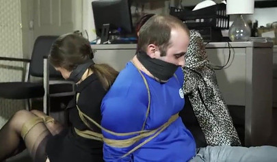 Tied up couple was punished by two horny MILFs in the office