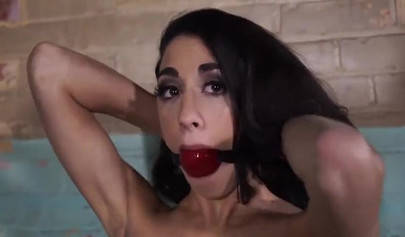 Horny brunette with huge tits was tied up and gagged