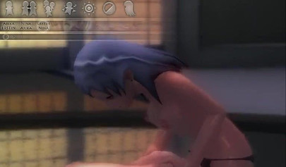 Hentai threesome with a strap-on on an air mattress