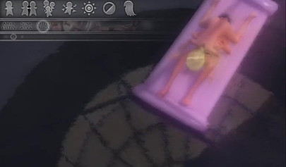 Hentai threesome with a strap-on on an air mattress