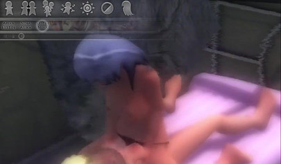 Hentai threesome with a strap-on on an air mattress