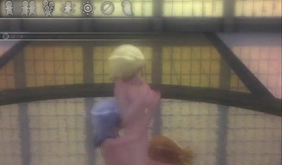 Hentai threesome with a strap-on on an air mattress