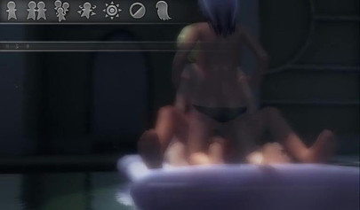 Hentai threesome with a strap-on on an air mattress