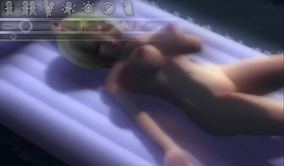 Hentai threesome with a strap-on on an air mattress