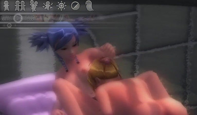 Hentai threesome with a strap-on on an air mattress