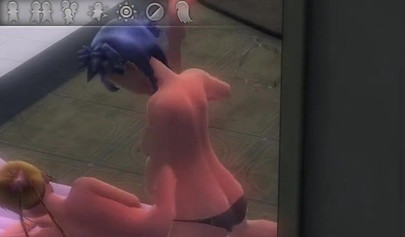 Hentai threesome with a strap-on on an air mattress