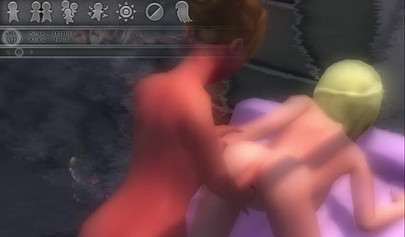 Hentai threesome with a strap-on on an air mattress