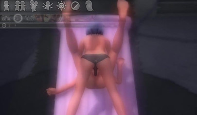 Hentai threesome with a strap-on on an air mattress