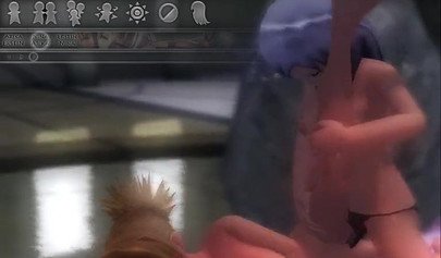 Hentai threesome with a strap-on on an air mattress