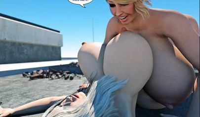 Animated 3D MILFs show their gigantic boobs on the roof
