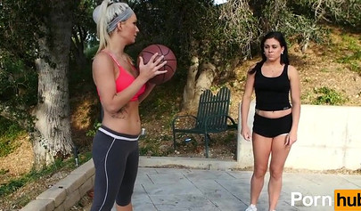 Basketball game turns into lesbian sex in the kitchen