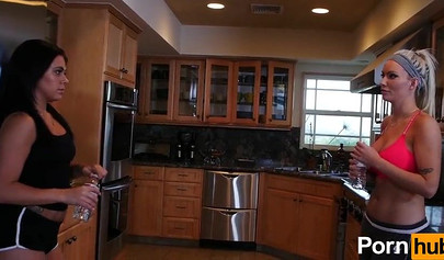 Basketball game turns into lesbian sex in the kitchen