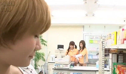 Lesbian orgy with cute petite girls in a Japanese store