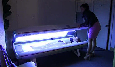 Depraved girls practice bondage in and out of the solarium
