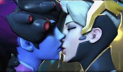 Mercy and Widowmaker are kissing - video game Overwatch