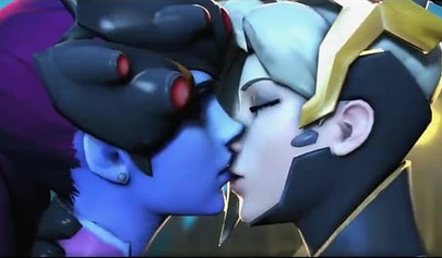Mercy and Widowmaker are kissing - video game Overwatch