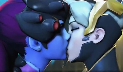 Mercy and Widowmaker are kissing - video game Overwatch