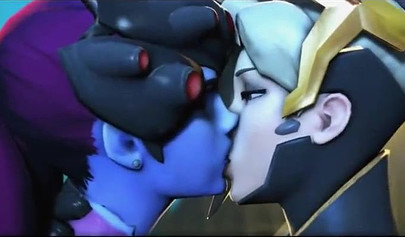 Mercy and Widowmaker are kissing - video game Overwatch