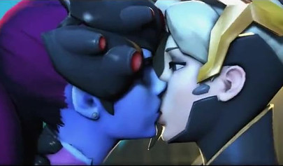 Mercy and Widowmaker are kissing - video game Overwatch
