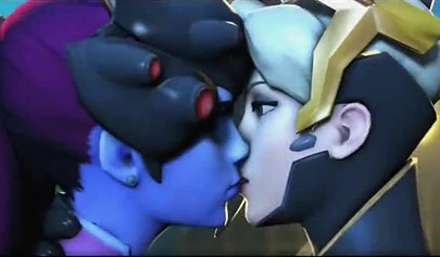 Mercy and Widowmaker are kissing - video game Overwatch