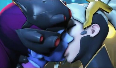 Mercy and Widowmaker are kissing - video game Overwatch