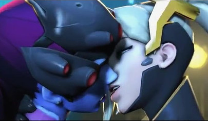 Mercy and Widowmaker are kissing - video game Overwatch