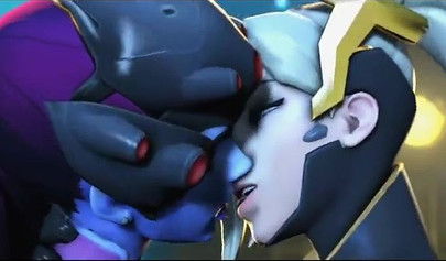 Mercy and Widowmaker are kissing - video game Overwatch