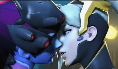 Mercy and Widowmaker are kissing - video game Overwatch