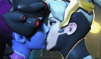 Mercy and Widowmaker are kissing - video game Overwatch
